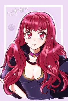 1girl bodysuit breasts cf_wing choker cleavage commentary_request facial_mark fire_emblem fire_emblem_engage hair_ornament highres long_hair looking_at_viewer nintendo pink_choker purple_bodysuit red_eyes red_hair solo star_(symbol) star_facial_mark star_hair_ornament yunaka_(fire_emblem)