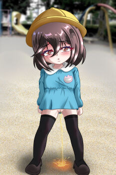 1girl black_thighhighs blue_shirt blush bottomless brown_eyes brown_hair brown_shoes chapio exhibitionism flat_chest hat kindergarten_uniform loli long_sleeves looking_at_viewer name_tag open_mouth original peeing playground public_indecency puddle pussy rui_(chapio) sand school_hat shirt shoes short_hair slide standing swing swing_set thighhighs tree yellow_hat
