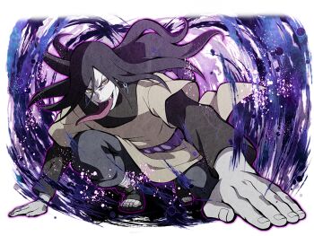 Rule 34 | 1boy, black boots, black hair, black pants, boots, brown eyes, colored skin, grey skin, long hair, long tongue, looking at viewer, male focus, naruto (series), naruto shippuuden: ultimate ninja blazing, official art, open-toe boots, orochimaru (naruto), pants, slit pupils, squatting, tongue, tongue out