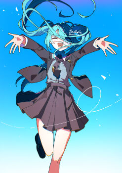 Rule 34 | 1girl, ahoge, ankaketomato, artist name, black necktie, black shoes, blue background, blue eyes, blue hair, blush, breast pocket, brown skirt, brown suit, buttons, collar, collared shirt, commentary, dress shirt, english commentary, eyepatch, facing viewer, falling petals, floating clothes, floating hair, formal clothes, gold buttons, gradient background, grey shirt, hair between eyes, hatsune miku, heart, heart-shaped pupils, highres, incoming hug, long hair, long sleeves, looking at viewer, mary janes, medical eyepatch, miniskirt, monitoring (vocaloid), necktie, one eye closed, open mouth, outstretched arms, petals, pocket, school uniform, shirt, shoes, sidelocks, signature, skirt, smile, solo, suit, symbol-shaped pupils, thighs, twintails, twitter username, very long hair, vocaloid, white background, white collar, white petals