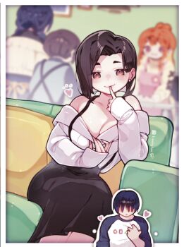 2boys 3girls blush boku_no_kokoro_no_yabai_yatsu breasts brown_eyes cleavage clothes_pull heart highres ichikawa_kyoutarou lianbiglian multiple_boys multiple_girls pulling pulling_own_clothes sekine_moeko yamada_anna yamada_sanae_(bokuyaba) yamada_yuuki_(bokuyaba)