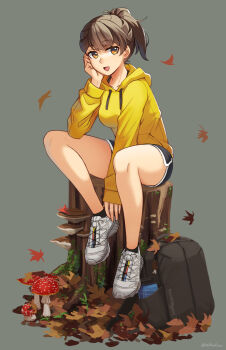 1girl :d absurdres artist_name autumn autumn_leaves backpack bag black_bag black_shorts black_socks bottle breasts brown_eyes brown_hair collarbone commentary dated_commentary dolphin_shorts drawstring falling_leaves fly_agaric full_body grey_background hand_on_own_face hand_up head_rest highres hood hood_down hoodie leaf legs long_sleeves looking_at_viewer maple_leaf medium_breasts mushroom nature ndtwofives on_tree_stump open_mouth original plant ponytail puffy_long_sleeves puffy_sleeves shoes short_hair short_shorts shorts simple_background smile socks solo thighs tree_stump twitter_username water_bottle white_shoes yellow_hoodie
