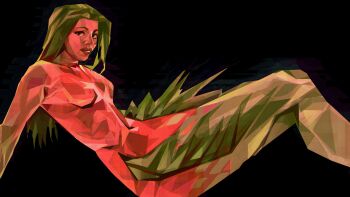 1girl absurdres black_background colored_skin green_hair highres long_hair looking_at_viewer looking_to_the_side mermaid monster_girl nude original outstretched_arms painterly red_eyes red_skin simple_background solo twulfs