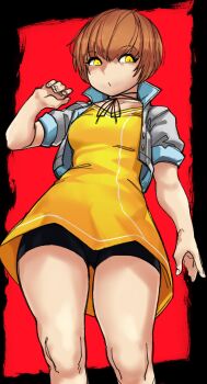 Rule 34 | 1girl, absurdres, bike shorts, breasts, brown hair, choker, dark persona, dress, female focus, highres, open clothes, open vest, persona, persona 4, popped collar, ribbon choker, satonaka chie, shadow chie, short hair, small breasts, solo, thighs, tomboy, upskirt, vest, yellow dress, yellow eyes, zanamaoria