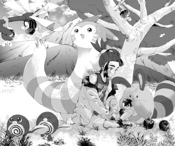 &gt;_&lt; 1boy ^_^ apple applin blush closed_eyes closed_mouth commentary day food fruit furret gen_1_pokemon gen_2_pokemon gen_8_pokemon gloves grass greyscale highres holding holding_food holding_fruit jacket kieran_(pokemon) long_sleeves male_focus monochrome mountain multicolored_hair nintendo on_ground open_clothes open_jacket open_mouth outdoors pokemon pokemon_(creature) pokemon_sv poliwag sentret shibahu_no_niwa shoes shorts single_glove sitting sky socks tank_top tree yanma