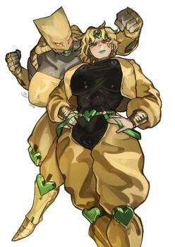 Rule 34 | 2girls, absurdres, ball gag, black bodysuit, blonde hair, bodysuit, breasts, chinese commentary, clenched hands, colored skin, commentary request, dio brando, fang, gag, genderswap, genderswap (mtf), green lips, green nails, grey skin, hands on own hips, highres, huge breasts, jacket, jojo no kimyou na bouken, knee pads, looking at viewer, miao jiangyou, multiple girls, panties, red eyes, saliva, standing, taut bodysuit, the world, transparent background, underwear, yellow jacket, yellow panties