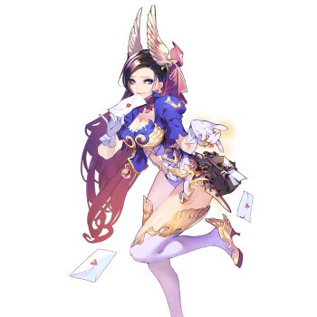 1girl black_hair blue_eyes breasts bug butterfly choker cleavage commentary_request gloves gold_shoes hair_ornament hermes_(uchihime) high_heels holding holding_letter insect isaac_hein_iii leotard letter long_hair love_letter medium_breasts puffy_short_sleeves puffy_sleeves shoes short_sleeves thighhighs uchi_no_hime-sama_ga_ichiban_kawaii very_long_hair white_gloves white_thighhighs