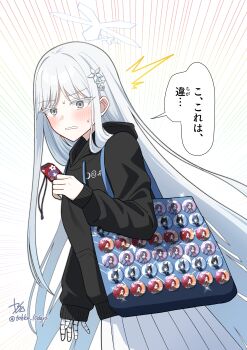 1girl ^^^ absurdres badge bag bandaged_hand bandages blue_archive blush button_badge commentary_request emphasis_lines grey_eyes halo highres holding itabag kikyou_(blue_archive) long_hair long_sleeves looking_at_viewer nagusa_(blue_archive) omamori pleated_skirt renge_(blue_archive) simple_background skirt solo sweat tohka_10days tote_bag translation_request very_long_hair white_background white_hair white_skirt yukari_(blue_archive)