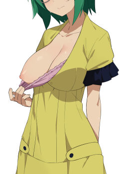 1girl bra bra_pull breasts closed_mouth clothes_pull collarbone commentary_request glasses green_hair highres infinite_stratos large_breasts morisobo nipples one_breast_out pink_bra pulling_own_clothes shirt short_hair short_sleeves simple_background solo sweat underwear white_background yamada_maya_(infinite_stratos) yellow_shirt