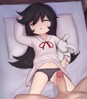 1boy 1girl age_difference ashley_(warioware) black_hair black_panties closed_eyes clothed_female_nude_male clothes_lift dress dress_lift erection facing_viewer from_above hair_between_eyes hair_down head_on_pillow imminent_rape indoors loli long_hair long_sleeves lying navel nintendo nude on_back on_bed open_mouth pajamas panties penis pestil pillow sidelocks size_difference sleep_molestation sleeping solo_focus spread_legs stuffed_animal stuffed_rabbit stuffed_toy testicles uncensored underwear veins veiny_penis warioware