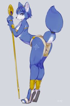 1girl animal_ears aqua_eyes armor ass bebebe blue_hair claws female_focus fox_ears fox_tail from_side full_body furry furry_female greaves grey_background half-closed_eyes holding holding_staff holding_weapon krystal loincloth looking_back nintendo sandals short_hair simple_background solo staff standing star_fox tail tail_raised tiara vambraces weapon white_sandals
