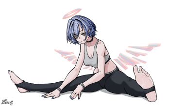 arknights commission detached_wings energy_wings feet furauji halo no_shoes non-web_source pants spuria_(arknights) stirrup_legwear toeless_legwear toes wings yoga_pants