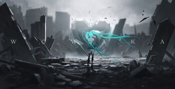 1girl aqua_hair aqua_necktie black_skirt black_thighhighs blurry boots building centurytruren cloud cloudy_sky debris detached_sleeves floating_hair from_behind grey_shirt grey_sky hatsune_miku highres holding necktie outdoors pleated_skirt rain rubble ruins scenery shirt skirt sky sleeveless sleeveless_shirt solo standing thighhighs twintails umbrella unknown_mother_goose_(vocaloid) vocaloid wide_shot world&#039;s_end_dancehall_(vocaloid) wowaka zettai_ryouiki