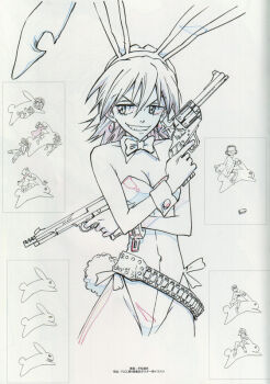00s 3girls 6+boys amarao animal_ears asymmetrical_dual_wielding bandolier belt bow bowtie bracelet breasts bullet canti cleavage dual_wielding earrings fake_animal_ears flcl greyscale grin gun gunbelt handgun hands_on_own_hips haruhara_haruko hiramatsu_tadashi holding jewelry kitsurubami manabe_gaku masamune_masashi monochrome multiple_boys multiple_girls nandaba_kamon nandaba_naota ninamori_eri official_art pantyhose pistol playboy_bunny rabbit rabbit_ears rabbit_tail revolver samejima_mamimi short_hair smile solo_focus tail weapon wrist_cuffs