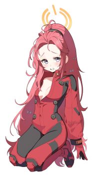 Rule 34 | 1girl, absurdres, arm at side, blue archive, blush, bodysuit, bow, breasts, cleavage, commentary request, gloves, hair bow, halo, highres, jjigong chigon, kneeling, long hair, looking at viewer, multiple hair bows, narrow waist, open mouth, partially unzipped, purple eyes, red bodysuit, red gloves, red hair, simple background, small breasts, solo, white background, white bow, yellow halo, yuzu (armed) (blue archive), yuzu (blue archive)