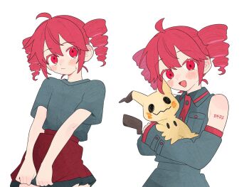 ahoge alternate_costume closed_mouth detached_sleeves drill_hair gen_7_pokemon grey_shirt highres holding holding_pokemon kasane_teto kasane_teto_(utau) looking_at_viewer mimikyu multiple_views nintendo ofo_j1 open_mouth pokemon pokemon_(creature) red_eyes red_hair red_skirt shirt short_sleeves simple_background skirt smile twin_drills utau