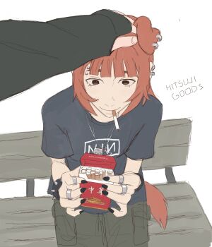 animal_ears artist_name bench black_nails blue_shirt blunt_bangs blush bracelet brown_eyes cargo_pants cigarette cigarette_pack dog_ears dog_girl dog_tags dog_tail eyebrow_piercing face_piercing headpat highres hitsuji_(hitsujigoods) holding holding_cigarette_pack jewelry mitsu_(hitsujigoods) nine_inch_nails on_bench original pants piercing print_shirt red_hair ring shirt sitting smoking spiked_bracelet spikes t-shirt tail white_background wooden_bench