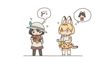 Rule 34 | 2013randk, 2girls, ?, animal ears, animal print, bikini, black hair, blonde hair, blush, bow, bowtie, elbow gloves, extra ears, gloves, gold bikini, golden week, hat, hat feather, helmet, high-waist skirt, highres, kaban (kemono friends), kemono friends, multiple girls, open mouth, orange bow, orange bowtie, pith helmet, print bow, print bowtie, print gloves, print skirt, serval (kemono friends), shirt, short hair, skirt, sleeveless, sleeveless shirt, slingshot (weapon), smile, speech bubble, striped tail, swimsuit, tail, thighhighs, thought bubble, two-tone bow, two-tone bowtie, white bow, white bowtie