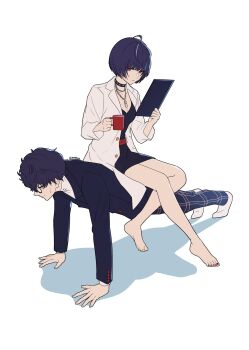 1boy 1girl absurdres amamiya_ren bare_legs barefoot belt black_choker black_hair black_jacket breasts choker cleavage closed_mouth cup exercising feet full_body glasses highres holding igusaharu jacket jewelry knees_together_feet_apart lab_coat legs medium_breasts mug nail_polish necklace no_shoes pants persona persona_5 plaid_clothes plaid_pants push-ups red_belt red_eyes red_nails school_uniform shadow simple_background sitting sitting_on_person socks soles studded_choker takemi_tae toenail_polish toenails toes twitter_username white_background white_socks