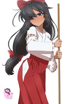 1girl absurdres alternate_costume alternate_hairstyle artist_self-insert black_hair blue_eyes blush bow dark-skinned_female dark_skin frown girls_und_panzer hair_bow hair_down hair_ribbon hakama hakama_skirt highres holding holding_staff japanese_clothes jinguu_(4839ms) kimono long_hair long_skirt miko ogin_(girls_und_panzer) rabbit red_bow red_hakama red_ribbon red_skirt ribbon skirt staff sweat white_kimono