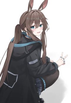 Rule 34 | 1girl, :d, absurdres, amiya (arknights), animal ears, arknights, black jacket, black pantyhose, blue collar, blue eyes, blush, brown hair, collar, commentary, congroo, hair between eyes, highres, hood, hood down, hooded jacket, jacket, jewelry, long hair, long sleeves, looking at viewer, multiple rings, open mouth, pantyhose, ponytail, ring, simple background, smile, solo, squatting, thighlet, turning head, v, white background