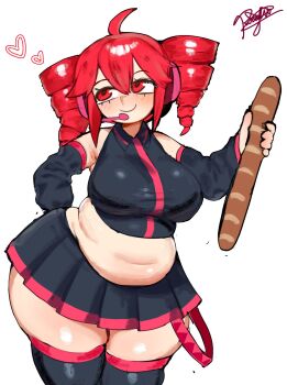 1girl baguette black_shirt black_skirt black_sleeves bread breasts collared_shirt detached_sleeves drill_hair fat fat_woman food from_side heart highres holding holding_food kasane_teto kasane_teto_(utau) large_breasts looking_to_the_side midriff navel pissgata pleated_skirt red_eyes red_hair shirt skirt sleeveless sleeveless_shirt solo twin_drills utau