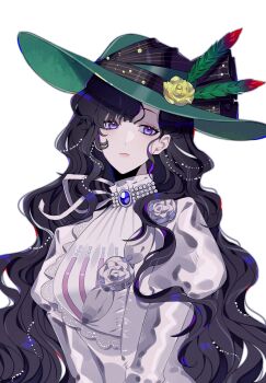 Rule 34 | 1girl, black hair, closed mouth, dress, expressionless, feathers, flower, gown, green feathers, green hat, hat, hat feather, hat flower, headwear switch, highres, isolde (reverse:1999), juliet sleeves, long hair, long sleeves, looking at viewer, nanamirin5, puffy sleeves, purple eyes, reverse:1999, solo, sun hat, upper body, very long hair, wavy hair, white background, white dress, yellow flower