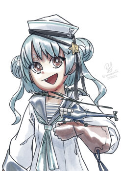 Rule 34 | aircraft, aqua neckerchief, blue eyes, brown eyes, brown gloves, commentary, dixie cup hat, double bun, english commentary, fang, gloves, grey sailor collar, hair bun, hat, hat ribbon, helicopter, highres, kantai collection, long hair, military hat, neckerchief, one-hour drawing challenge, ribbon, ron (pixiv83091338), sailor collar, sailor shirt, samuel b. roberts (kancolle), samuel b. roberts mk ii (kancolle), school uniform, serafuku, shirt, smile, star ornament, upper body