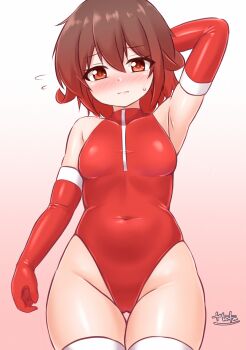 1girl alternate_costume arm_behind_head arm_up blush brown_hair commentary_request covered_navel elbow_gloves gloves gradient_hair hair_between_eyes highleg highleg_leotard highres kantai_collection leotard multicolored_hair mutsuki_(kancolle) red_eyes red_gloves red_hair short_hair solo zanne