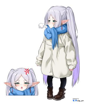 1girl absurdres aged_down anger_vein artist_name blue_scarf blush boots brown_boots coat commentary earrings elf floating_earrings frieren green_eyes grey_hair highres jewelry long_hair lossy-lossless multiple_views nisp_art open_mouth oversized_clothes pointy_ears scarf simple_background solo sousou_no_frieren third-party_edit twintails very_long_hair white_background white_coat white_hair