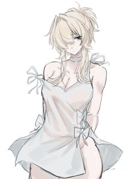 1girl blonde_hair blue_eyes breasts choker cleavage collarbone dress goddess_of_victory:_nikke grave_(nikke) highres official_alternate_costume simple_background solo sundress uko_tiao white_background white_choker white_dress