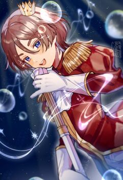 1boy ascot blue_background blue_eyes brown_hair bubble commentary_request crown epaulettes gloves hair_between_eyes highres holding holding_scepter jacket kashi_ore_3 king_of_prism light_particles long_sleeves looking_at_viewer male_focus norizuki_jin open_mouth pretty_rhythm pretty_series red_jacket scepter short_hair smile solo sparkle upper_body white_gloves