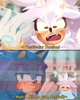 !? 2boys 2koma animal_ears blue_fur blue_hair blurry blurry_background blush body_fur brown_eyes castration comic constricted_pupils emphasis_lines english_text failure fangs flying_sweatdrops furry furry_male gloves green_eyes grey_fur grey_hair grin half-closed_eyes hands_up happy highres kira.kira long_hair looking_at_viewer looking_back male_focus multiple_boys multiple_views neck_fur neon_trim open_mouth outdoors shouting silver_the_hedgehog smile sonic_(series) sonic_the_hedgehog subtitled sweat talking teeth telekinesis transgender_flag two-tone_fur white_fur white_gloves wide-eyed