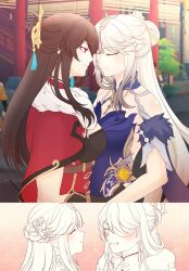 2girls absurdres bare_shoulders beidou_(genshin_impact) blue_dress brown_hair cape closed_eyes closed_mouth commentary dress english_commentary genshin_impact grin hand_on_another&#039;s_waist highres long_hair multiple_girls ningguang_(genshin_impact) ningguang_(orchid&#039;s_evening_gown)_(genshin_impact) outdoors parted_lips potatoshura red_cape red_eyes smile white_hair yuri
