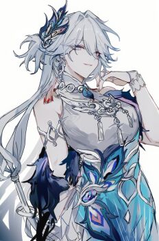 Rule 34 | 1girl, absurdres, bare shoulders, blue eyes, china dress, chinese clothes, chinese commentary, commentary request, dress, earrings, grey eyes, grey hair, grin, hair between eyes, hair ornament, highres, honkai: star rail, honkai (series), jewelry, long hair, looking at viewer, mulihaohao, simple background, sleeveless, sleeveless dress, smile, solo, tassel, tassel earrings, white background, white hair, yao guang (honkai: star rail)