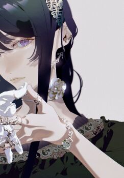 1girl black_hair bracelet choker commission crescent crossed_fingers ear_piercing earrings flower_choker gloves green_shirt grey_background groovy_high hairband hashtag-only_commentary highres jewelry long_hair long_sidelocks looking_at_viewer original parted_lips piercing portrait purple_eyes shirt sidelocks simple_background solo white_gloves