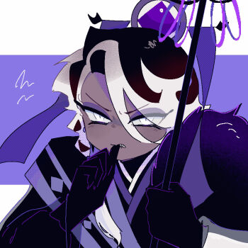 1boy affogato_cookie angry biting biting_own_thumb black_gloves black_hair black_kimono clenched_teeth colored_tips commentary_request cookie_run cookie_run:_kingdom dark-skinned_male dark_skin eyes_visible_through_hair eyeshadow gloves hair_between_eyes hair_over_one_eye halftone hands_up highres hinahinahina0421 holding holding_staff humanization japanese_clothes kimono letterboxed long_sleeves looking_ahead makeup male_focus multicolored_hair outside_border purple_background purple_eyeshadow short_hair simple_background slit_pupils solo squiggle staff teeth trap two-tone_hair v-shaped_eyebrows white_eyes white_hair