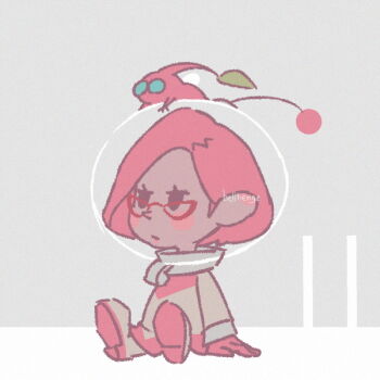 1girl backpack bag bellhenge big_nose black_eyes brittany_(pikmin) eyelashes glasses gloves helmet nintendo pikmin_(creature) pikmin_(series) pikmin_3 pink_gloves pink_hair pointy_ears pointy_nose radio_antenna red-framed_eyewear short_hair sitting space_helmet spacesuit triangular_eyewear very_short_hair whistle winged_pikmin