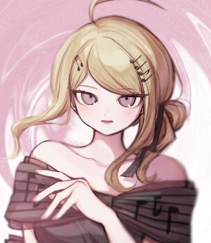 1girl :d ahoge akamatsu_kaede bare_shoulders blonde_hair breasts commentary danganronpa_(series) danganronpa_v3:_killing_harmony fortissimo hair_ornament hand_up highres large_breasts long_hair looking_at_viewer lower_teeth_only musical_note musical_note_hair_ornament official_alternate_costume open_mouth short_sleeves smile symbol-only_commentary tago_(matsu0da) teeth