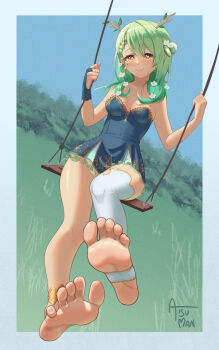 1girl aisuman barefoot breasts ceres_fauna feet green_hair highres hololive hololive_english light_blush long_hair looking_at_viewer medium_breasts on_swing single_thighhigh smile soles spread_toes stirrup_legwear swing swinging thighhighs toeless_legwear toes virtual_youtuber yellow_eyes