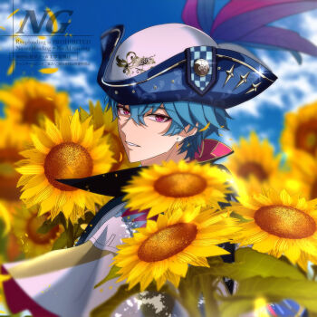 Rule 34 | 1boy, blue hair, blue sky, blurry, blurry background, brant (wuthering waves), commentary, day, earrings, flower, from side, hair between eyes, hat, hat feather, highres, jewelry, looking at viewer, looking to the side, male focus, outdoors, parted lips, pink eyes, sae naiyatsu, short hair, sky, solo, sunflower, symbol-only commentary, tricorne, upper body, watermark, wuthering waves