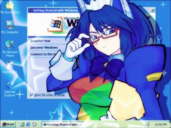 Rule 34 | 1girl, 2000s (style), 2k-tan, adjusting eyewear, blue bow, blue bowtie, blue eyes, blue hair, bow, bowtie, commentary, english commentary, english text, folder, glasses, gloves, highres, holding, holding folder, juliet sleeves, long sleeves, looking at viewer, microsoft windows, pacapara, personification, puffy sleeves, red-framed eyewear, semi-rimless eyewear, short hair, solo, upper body, user interface, white gloves, windows 2000, windows classic