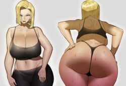 Rule 34 | 1girl, android 18, ass, blonde hair, blue eyes, bra, breasts, dragon ball, dragonball z, earrings, huge ass, huge breasts, jewelry, short hair, solo, solo focus, thick thighs, thighs, underwear