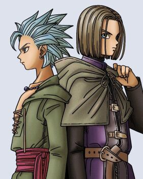 2boys back-to-back belt belt_buckle blue_eyes blue_hair brown_hair buckle camus_(dq11) capelet closed_mouth collarbone dragon_quest dragon_quest_xi earrings from_side green_capelet green_tunic hero_(dq11) hood hood_down jewelry looking_at_viewer male_focus multiple_boys necklace okita_(sukult_4) parted_bangs profile purple_tunic sash short_hair simple_background spiked_hair tunic