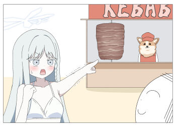 Rule 34 | 1boy, 1girl, 1other, bikini, blue archive, blush, braid, clenched hand, colored eyelashes, commentary request, dog, doner kebab, doodle sensei (blue archive), english text, grey eyes, grey hair, halo, hand up, highres, ikurage (namakurage 13), index finger raised, long hair, looking at another, nagusa (blue archive), nagusa (swimsuit) (blue archive), official alternate costume, open mouth, outstretched arm, pointing, sensei (blue archive), simple background, single braid, sweatdrop, swimsuit, trembling, upper body, white background, white bikini, white halo
