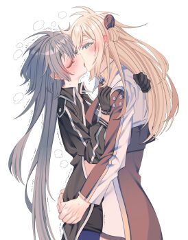 Rule 34 | 2girls, black coat, black gloves, black jacket, blonde hair, blue eyes, blush, breath, closed eyes, coat, ear blush, emptyayya, french kiss, gloves, grabbing another's ass, grey hair, groping, highres, jacket, kiss, long hair, multicolored coat, multiple girls, simple background, sky striker ace - raye, sky striker ace - roze, trembling, two-tone coat, white background, white coat, yu-gi-oh!, yuri