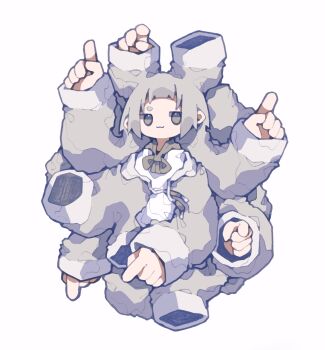 1girl :3 absurdres bad_id bad_twitter_id bow bowtie brown_bow brown_bowtie closed_mouth commentary_request extra_arms full_body grey_eyes grey_hair grey_jacket highres jacket long_hair long_sleeves looking_at_viewer nikamoka no_nose original pointing pointing_at_viewer pointing_down pointing_up prehensile_hair short_eyebrows simple_background single_eyebrow smile solo thick_eyebrows white_background