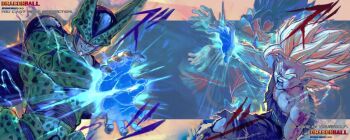 3boys arthropod_boy aura battle black_hair blonde_hair blood_on_body blue_eyes blue_sash broken_arm bruise bruise_on_arm bruise_on_face carapace cell_(dragon_ball) confrontation dots dragon_ball dragon_ball:_sparking! dragonball_z electricity energy evil_grin evil_smile father-son_kamehameha father_and_son glowing glowing_eyes glowing_hand glowing_hands grin injury insect_wings jumpsuit kamehameha_(dragon_ball) kornart male_focus multiple_boys muscular muscular_male open_mouth opposing_sides outstretched_arms outstretched_hand own_hands_together perfect_cell powering_up purple_jumpsuit red_eyes sash scene_reference scratches smile son_gohan son_goku spiked_hair spirit spots super_saiyan super_saiyan_2 torn_clothes v-shaped_eyebrows wings