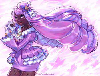 1girl absurdres ascot bow brooch cowboy_shot dark-skinned_female dark_skin dress eyeshadow fascinator fishnet_pantyhose fishnets frilled_ascot frills glove_bow gloves hands_up highres holding holding_poke_ball inkfy jacinthe_(pokemon) jewelry juliet_sleeves lipstick long_hair long_sleeves looking_at_viewer low_drills luxury_ball makeup mega_stone nintendo open_mouth pantyhose poke_ball pokemon pokemon_legends:_z-a puffy_sleeves purple_background purple_dress purple_eyes purple_eyeshadow purple_hair purple_lips smile solo teeth upper_teeth_only very_dark_skin white_gloves yellow_bow