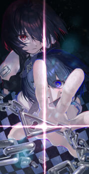 Rule 34 | 2girls, absurdres, blue eyes, blue hair, bob cut, chain, checkered floor, commentary request, dress, duoyun de tiankong, fingerprint, from above, glowing, highres, honkai (series), honkai impact 3rd, lock, looking at viewer, multiple girls, open mouth, outstretched hand, red eyes, red hair, seele vollerei, seele vollerei (stygian nymph), siblings, twins, white dress